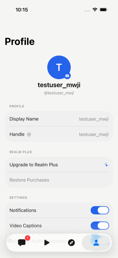 The Realm Profile screen on iPhone, opened from the person icon at the far right of the tab bar.