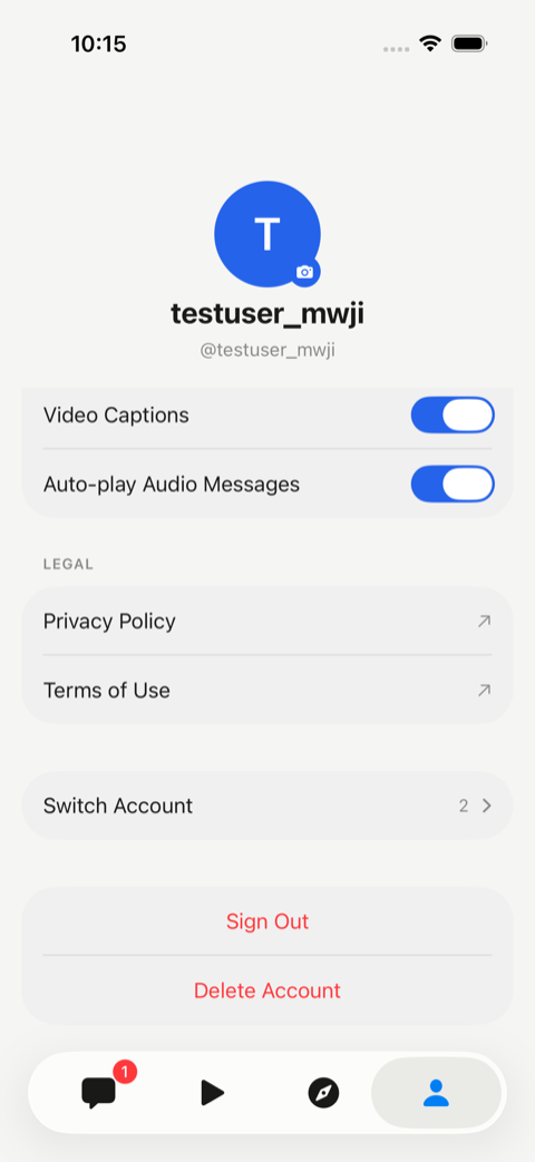 The bottom of the Realm Profile screen on iPhone, showing the red Delete Account button below Sign Out.
