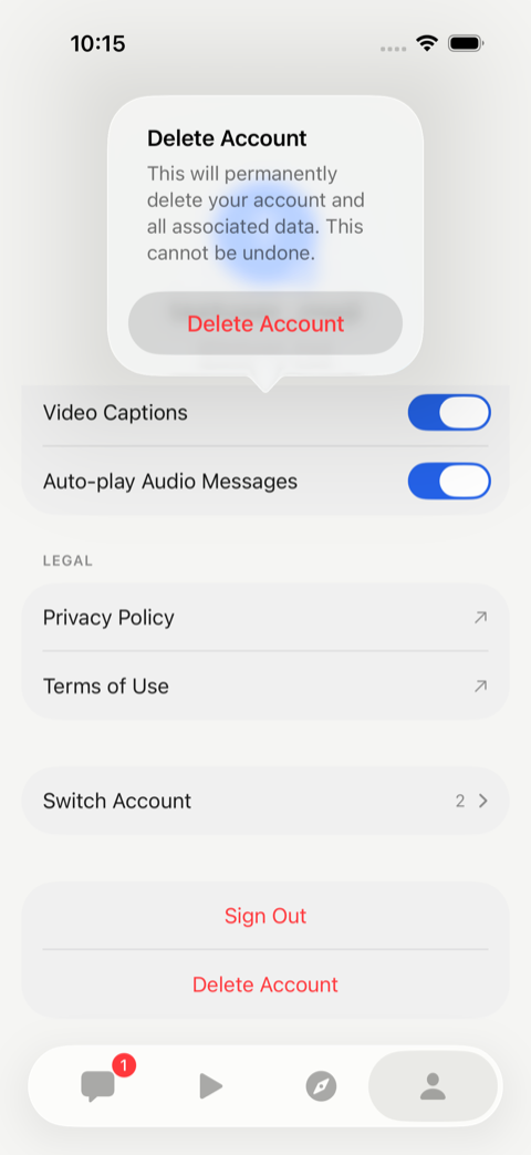 The Delete Account confirmation on iPhone, warning that this will permanently delete your account and all associated data.